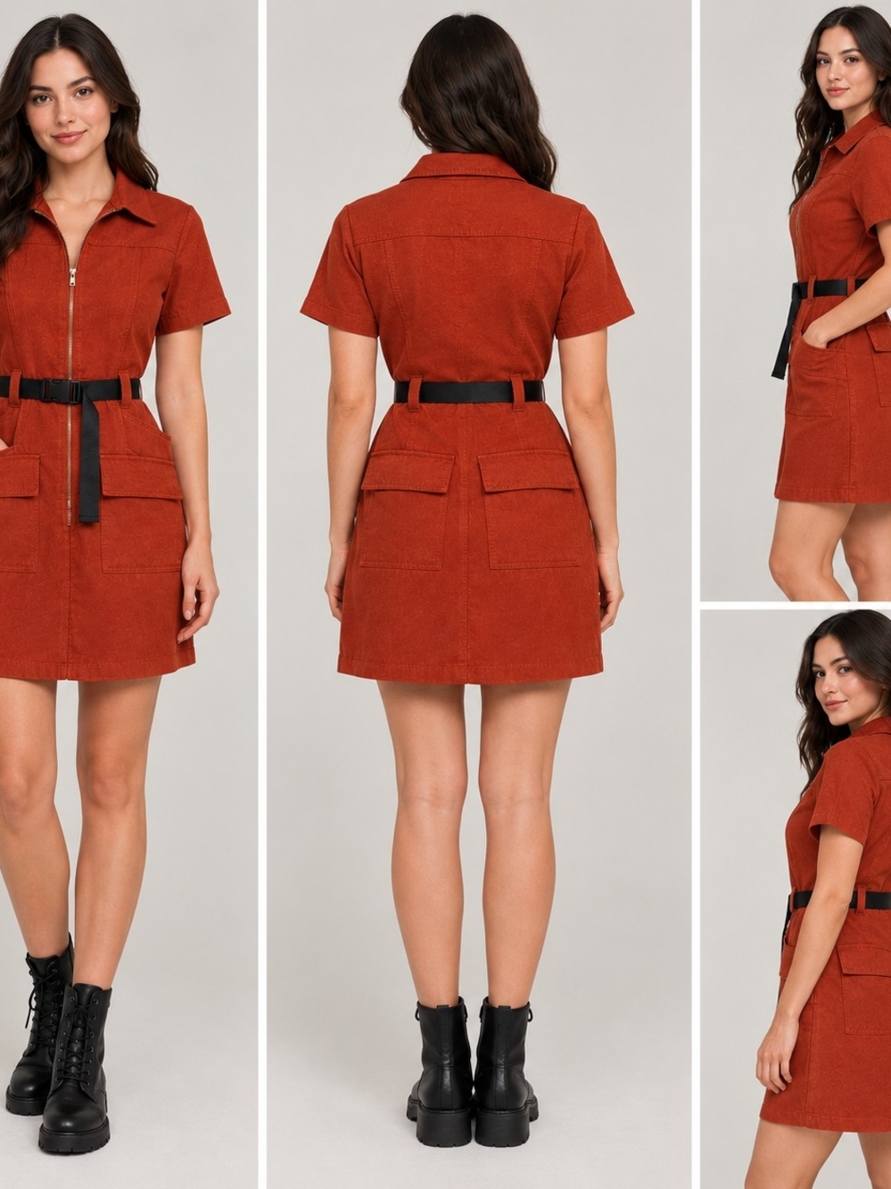 Parisian Works Rust Zip-Front Utility Mini Dress with Black Belt